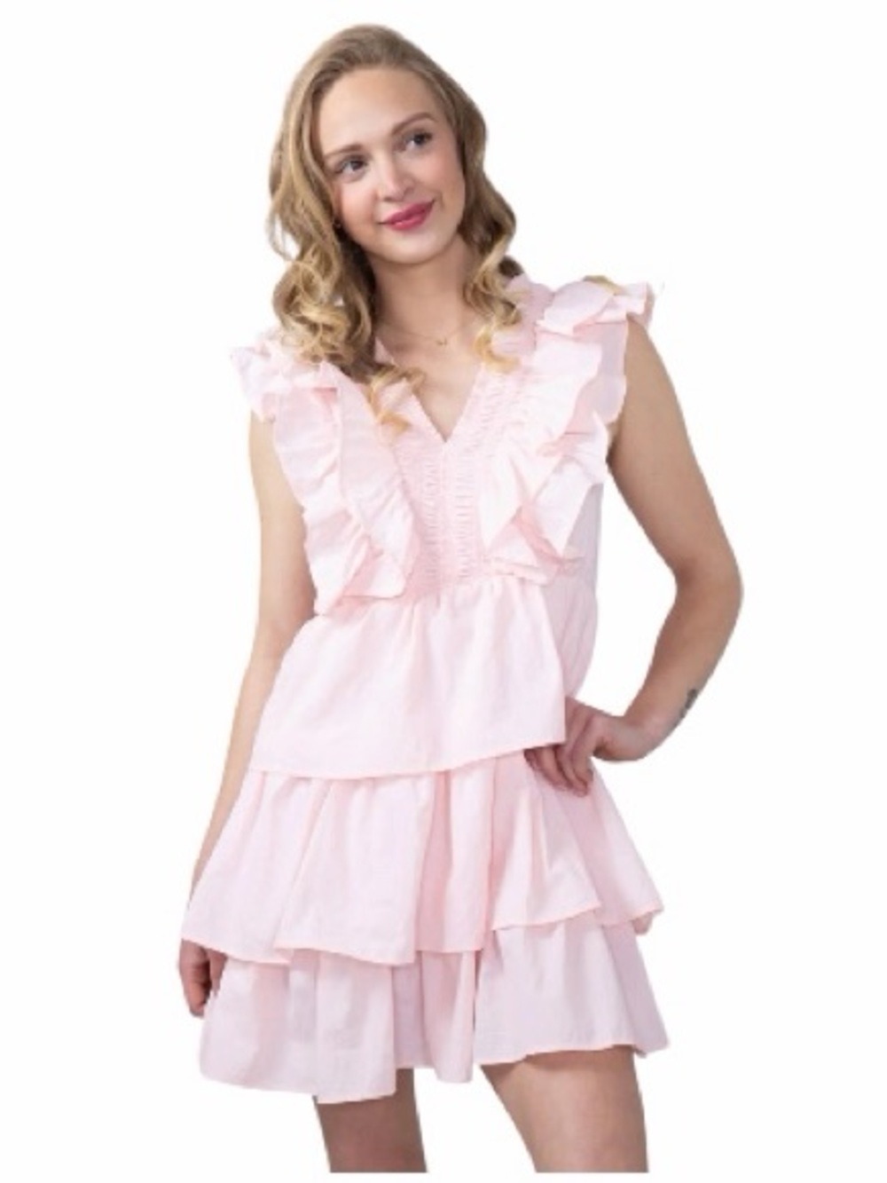 NWT! Simply Southern Tiered Blossom Pink Ruffle Taffeta Dress. Size Large.